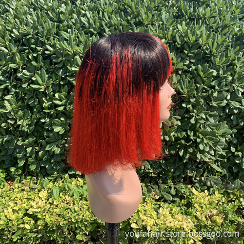 Glueless Peruvian Hair Ombre Color 1b Red Bob Wigs None Lace Pixie Cut Short Bob Curly Wigs Virgin Human Hair Bob Wig with Bangs